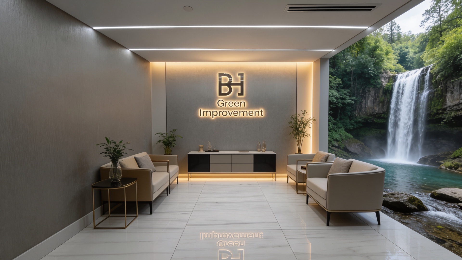 BH Green Improvement illuminated logo wall